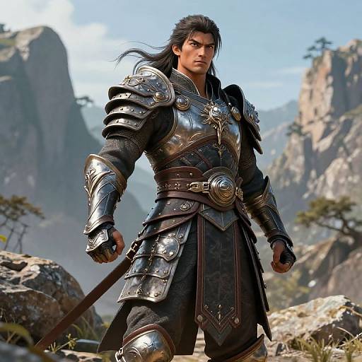 CGI image of a muscular, handsome man with long black hair, wearing detailed, silver medieval armor, standing in a rocky, mountainous landscape.