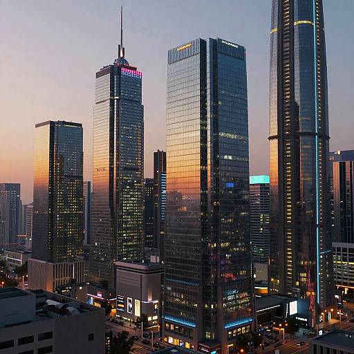 Photograph of a cityscape at dusk, showcasing tall, illuminated skyscrapers with reflective glass windows, vibrant neon lights, and a colorful sunset sky