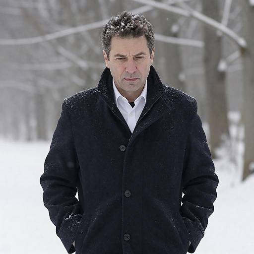 Serious Man in Snowy Forest Scene