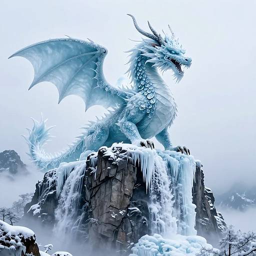 Digital artwork of a majestic, blue, ice-covered dragon with sharp horns and wings, perched on a snow-capped rocky peak amidst mist.