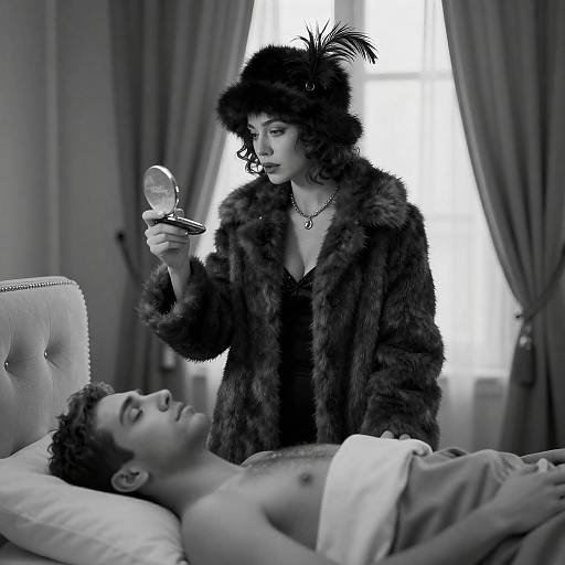 Sleek Noir: Woman with Compact Mirror