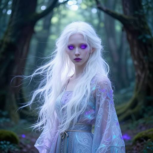 Digital fantasy artwork of a pale, ethereal woman with glowing white hair, purple eyes, and translucent sleeves, standing in a mystical forest.