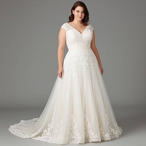Photograph of a plus-size woman with fair skin and dark hair, wearing a white, lace-embellished, V-neck, sleeveless wedding