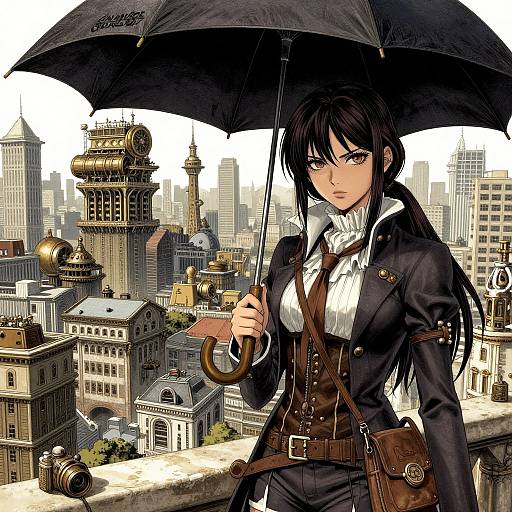 Anime-style digital illustration of a serious, black-haired woman in a Victorian-style suit, holding a black umbrella, against a steampunk cityscape.