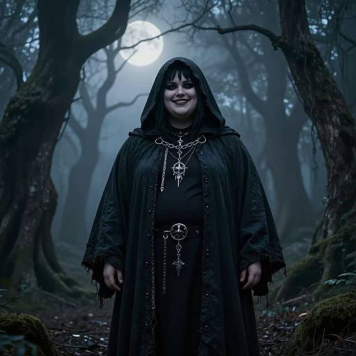 Digital artwork: Smiling woman in black hooded cloak adorned with silver chains and crosses stands in a foggy, moonlit forest.