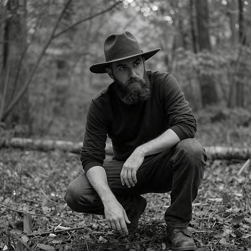 Crouching Bearded Man in Blue Forest