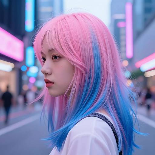 Photograph of a young Asian woman with pastel pink and blue gradient hair, white shirt, in a neon-lit urban street at night.