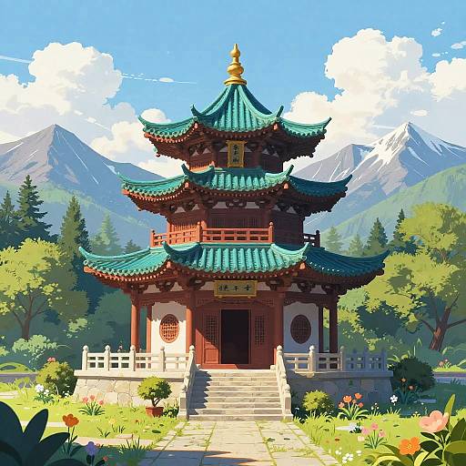 Digital painting of a traditional Chinese pagoda with green roofs, surrounded by lush greenery and mountains, under a bright blue sky.