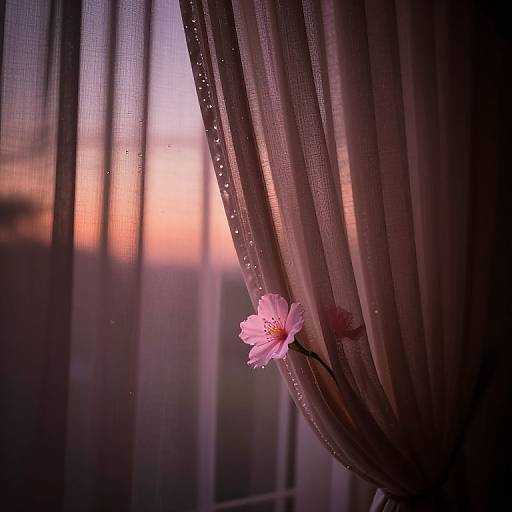 Photograph of a pink cherry blossom flower pinned to a sheer, purple curtain with droplets, against a sunset-lit window.