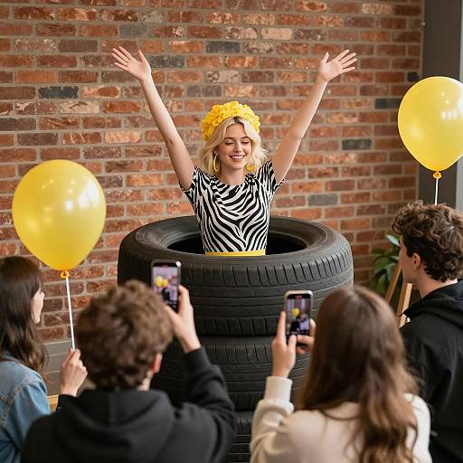 Woman Celebrating Inside Tire Stack