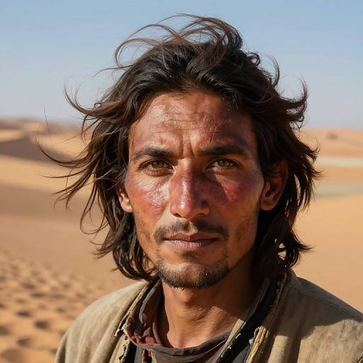 Photograph of a rugged, sunburnt man with disheveled black hair and a beard, wearing a dusty shirt, standing in a bright,