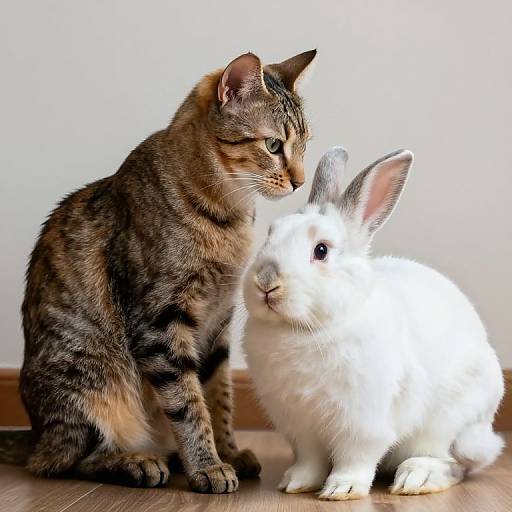 Photograph of a brown tabby cat with green eyes sitting next to a white rabbit with black ears on a wooden floor.