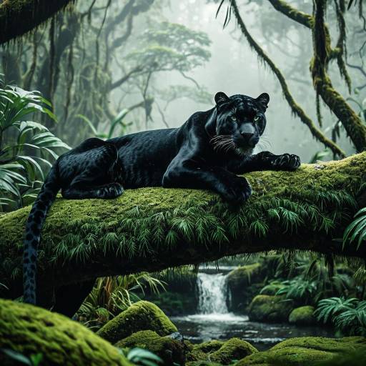 Black Panther on Mossy Branch in Misty Jungle