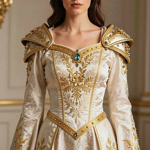 Photograph of a woman in an elaborate, cream-colored medieval-style gown with gold embroidery, green gemstones, and shoulder armor, set against a softly