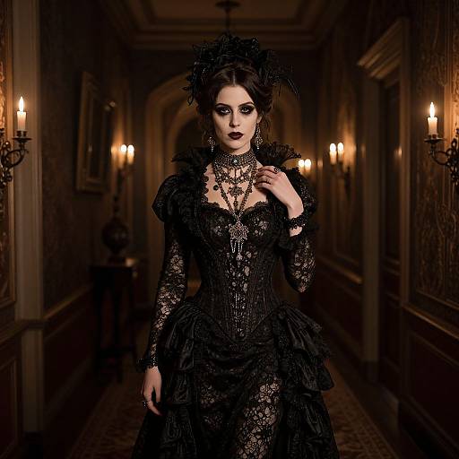 Gothic vampire woman in black lace dress, feathered hat, and dramatic makeup, poses in dimly lit, ornate hallway with wall s