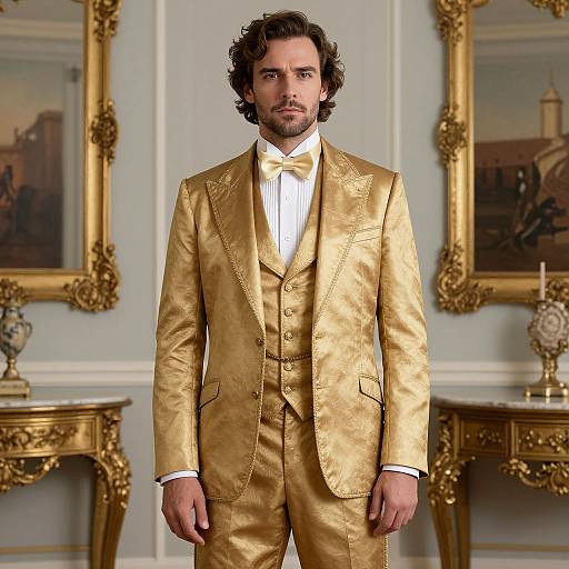 Photograph of a man with wavy brown hair, beard, wearing a gold silk suit, white shirt, and bow tie, standing in an op