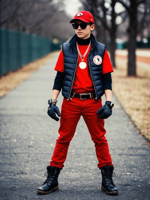 Stylish Teen Boy in Red Outfit Outdoors
