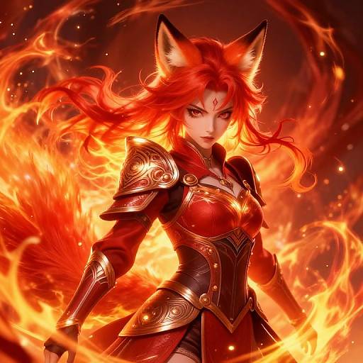 Digital artwork of a fierce, red-haired fox-eared warrior woman in golden armor, surrounded by blazing orange and yellow flames.