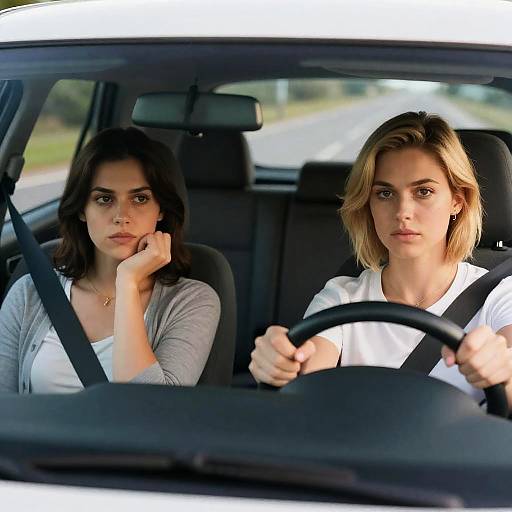 Two Women in Car with Serious Expressions