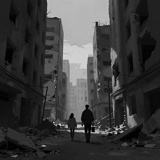Digital art: Two silhouetted figures walk down a ruined, narrow urban street between tall, damaged buildings with exposed wiring and broken windows, under