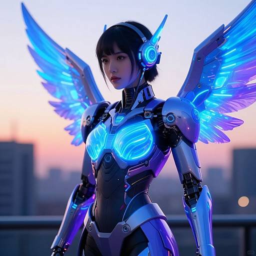 Futuristic Female Cyborg with Neon Wings