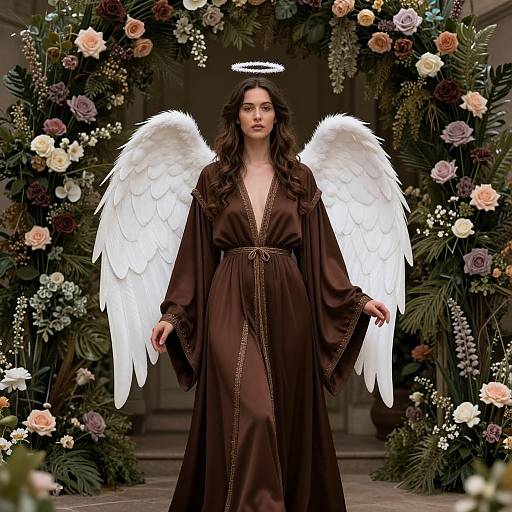 Photograph of a dark-haired woman with white angel wings and halo, wearing a brown satin robe, standing in a floral archway.