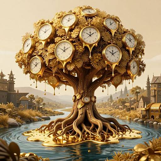Digital art of a golden clock tree with 12 clocks, dripping gold, standing in a river, surrounded by a quaint village.