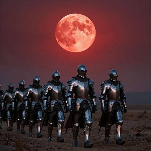 Photograph of armored knights marching in a desert at sunset, with a large, glowing red moon in the dark, reddish sky.