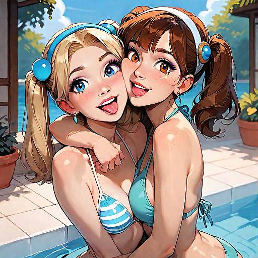 Two Girls Hugging in Swimming Pool