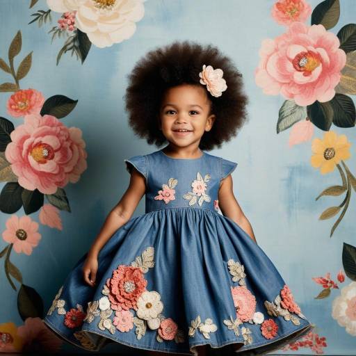 Smiling Toddler in Floral Denim Dress