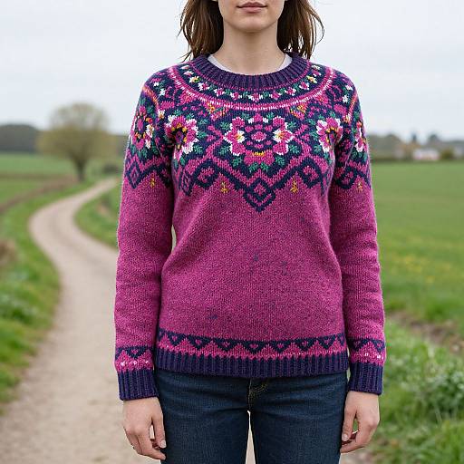 Photograph of a young woman with shoulder-length brown hair, wearing a colorful, patterned pink and purple knitted sweater, and black jeans, standing