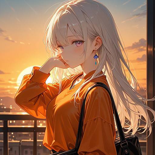 Animated Girl at Sunset in Orange Shirt