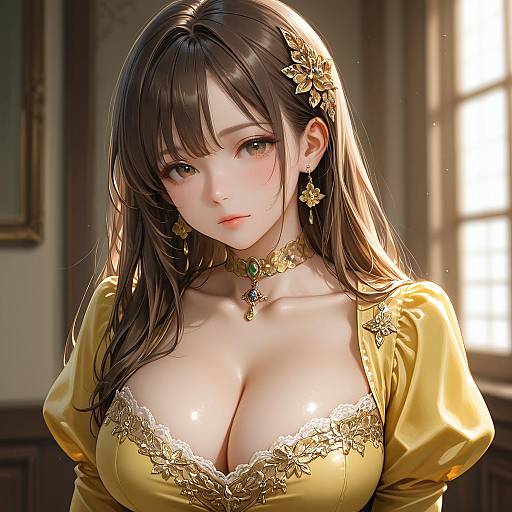 Elegant Woman in Yellow Dress with Jewelry