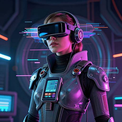 Cyberpunk woman in futuristic armor with glowing neon accents, wearing a VR headset, in a high-tech, darkly lit room. (Digital Art