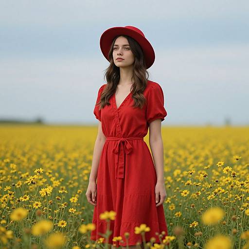 Photograph of a young woman with fair skin, long brown hair, wearing a red dress and hat, standing in a vibrant yellow field of flowers under