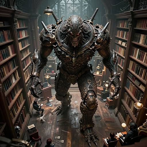 CGI fantasy image of a towering, armored, horned monster with glowing eyes in a dimly lit, medieval library, surrounded by small, terrified
