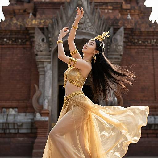 Photograph of an Asian woman dancing in a golden, flowing dress and jewelry, with long black hair, against a red brick, ornate temple backdrop