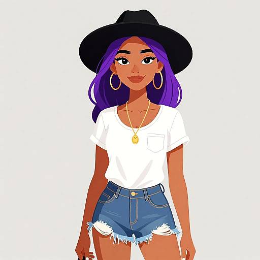 Digital illustration of a smiling young woman with purple hair, wearing a black hat, white t-shirt, blue denim shorts, gold necklace, and large hoop