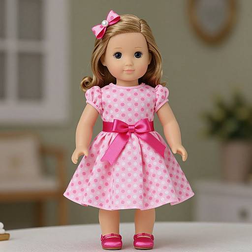 Photograph of a doll with brown hair, wearing a pink polka-dot dress, pink ribbon, and matching bow, pink shoes, standing indoors.