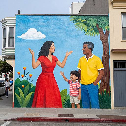 Vibrant mural of a curvy black-haired woman in red dress, smiling man in yellow shirt, and small boy in striped shirt, standing beside