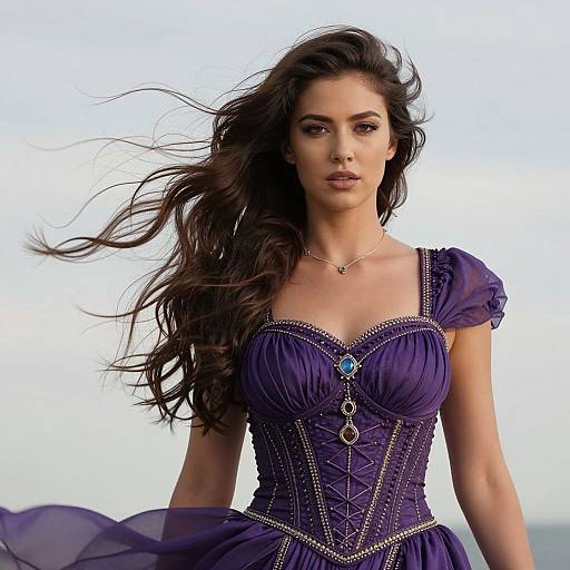 Photograph of a beautiful woman with long, wavy dark hair wearing a deep purple, corset-style dress with blue gemstone necklace, standing against