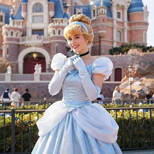 Photograph of a blonde woman in a light blue, puffed-sleeve princess dress with white gloves, standing in front of a Disney castle,