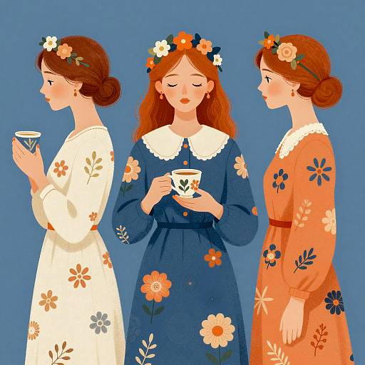 Illustration of Three Red-Haired Women with Floral Dresses and Cups