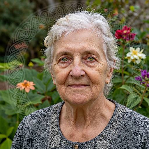 Elderly Woman Amid Celtic Floral Garden