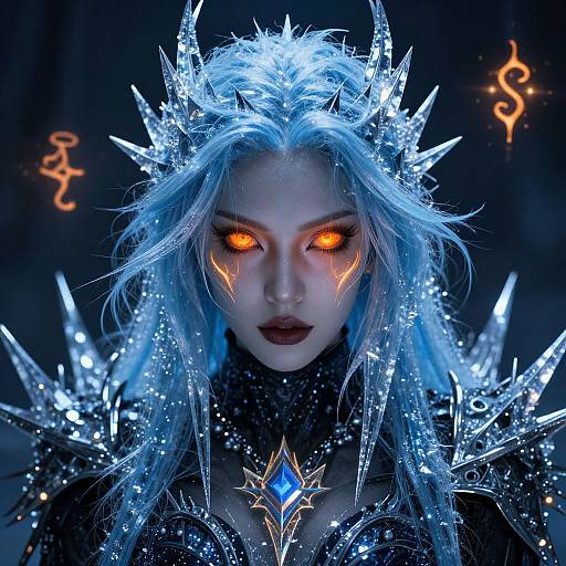 Digital artwork of a pale-skinned, blue-haired woman with glowing orange eyes, wearing a spiky ice crown and dark armor, adorned with a blue