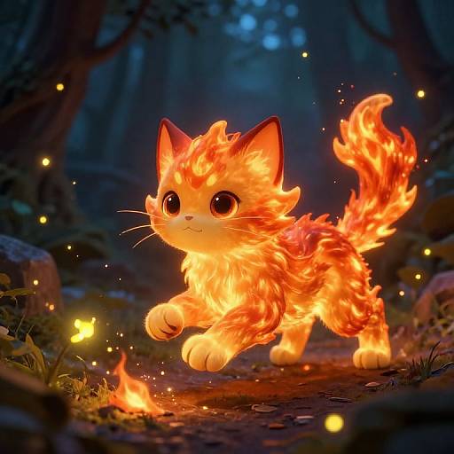 Digital artwork of a cute, fiery, glowing cat with large, innocent eyes, running through a dark, enchanted forest with twinkling fireflies.