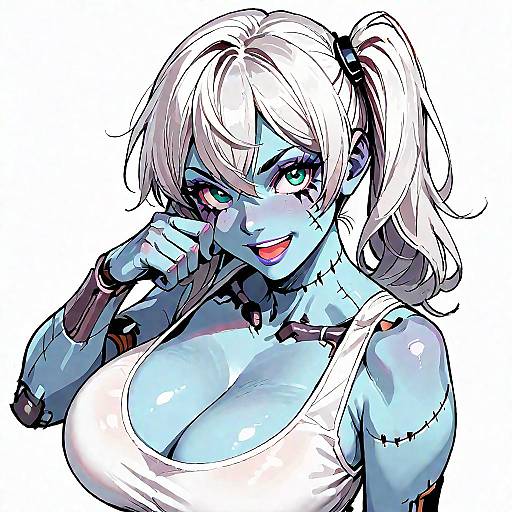 Anime Style Blue Zombie Girl with White Hair