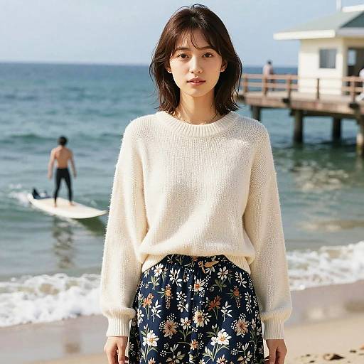 Woman in Cream Sweater and Floral Skirt at Beach