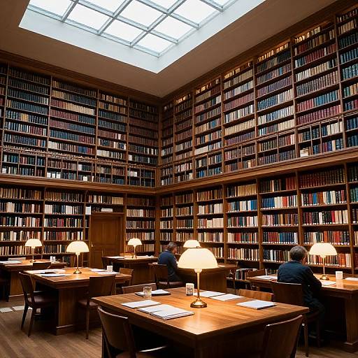 Photograph of a dimly lit, spacious library with tall bookshelves, wooden tables, and lamps, featuring three seated men reading.