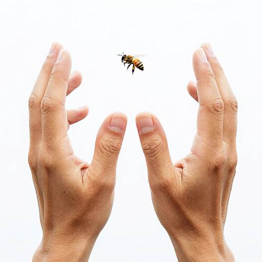 Photograph of two hands with fingers slightly curved, forming a frame around a small bee centered against a white background.